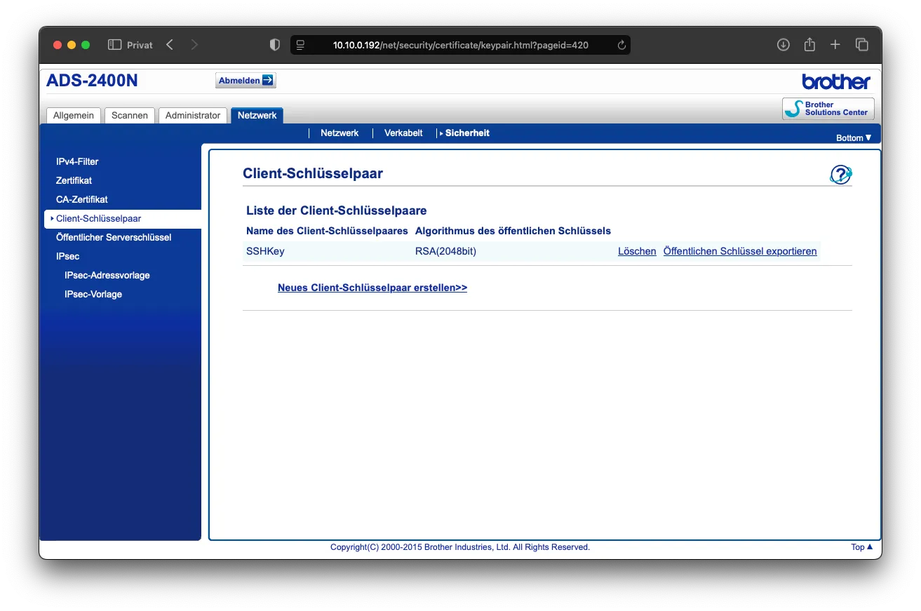 Creating an RSA 2048-bit key pair in the Brother web interface